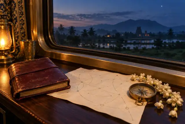 A travel journal and celestial map beside a train window