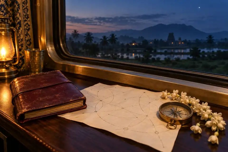 Editorial illustration of a travel journal, compass and abstract celestial map beside a train window at dusk