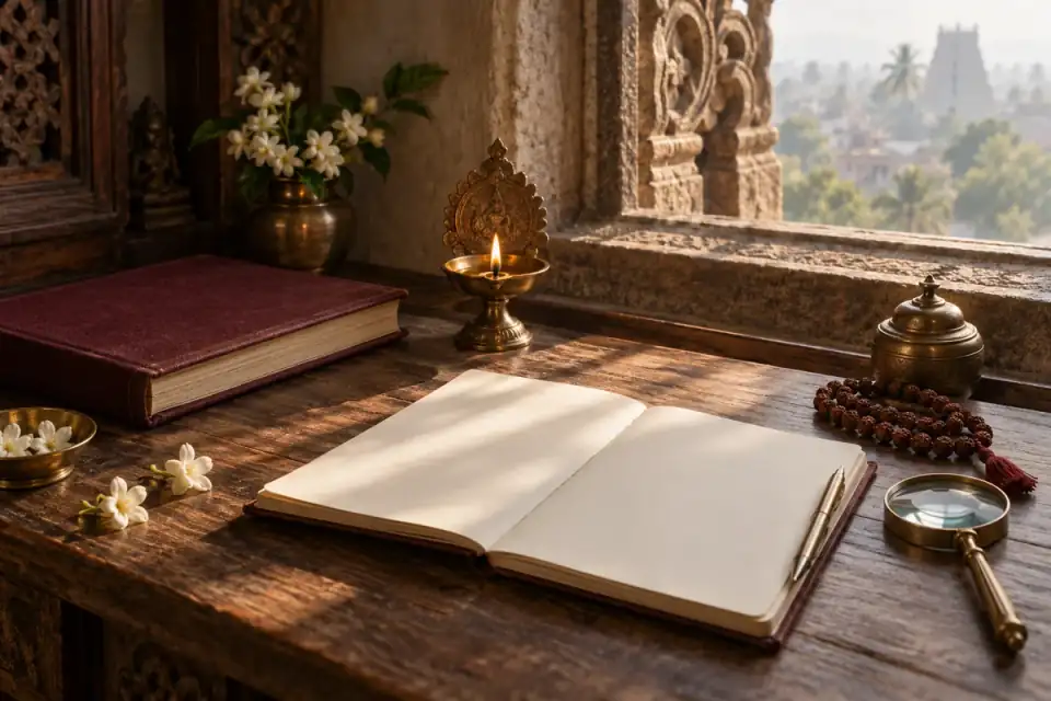 Editorial illustration of a notebook and brass diya on a quiet Indian study desk