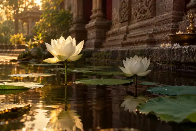 Two ivory lotus blossoms reflected in still water