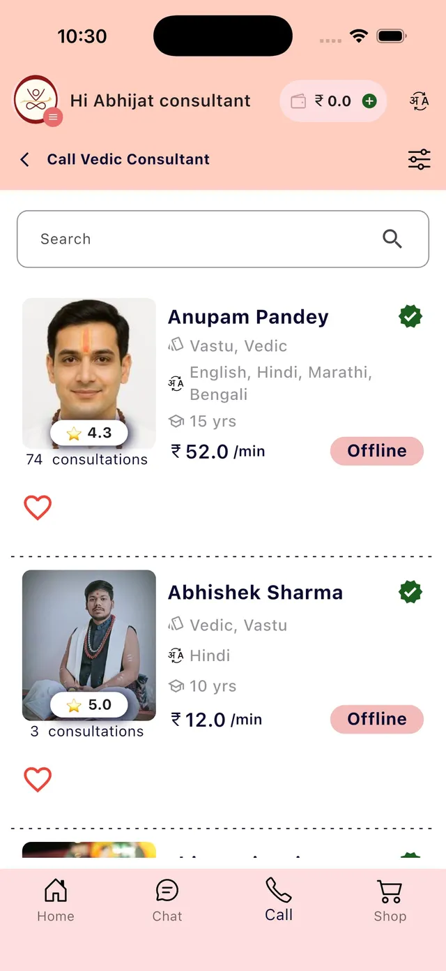 Astro Vedangam app screen for finding Vedic consultants