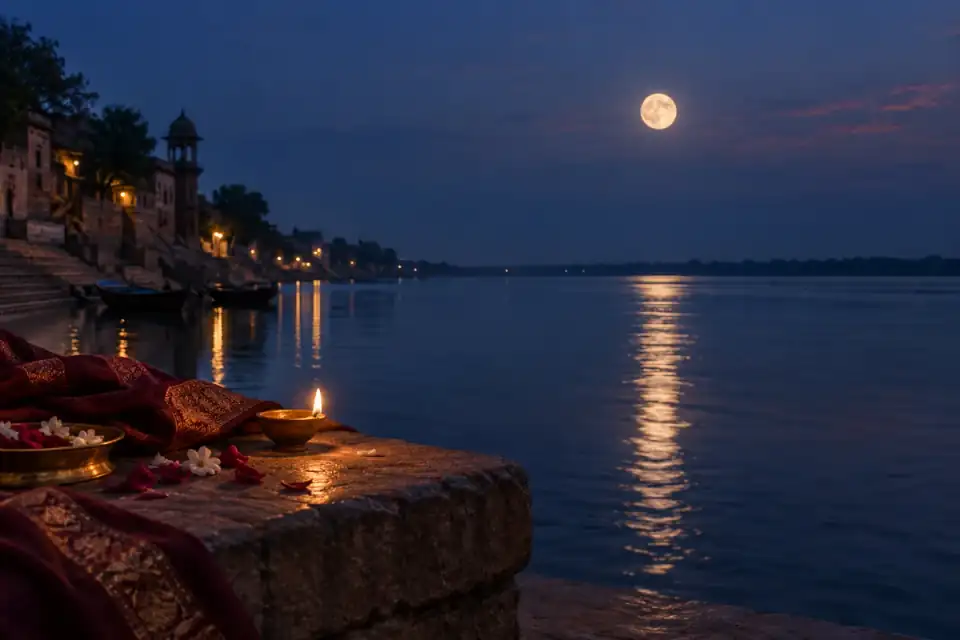 Editorial illustration of moonlight over river ghats and a glowing diya
