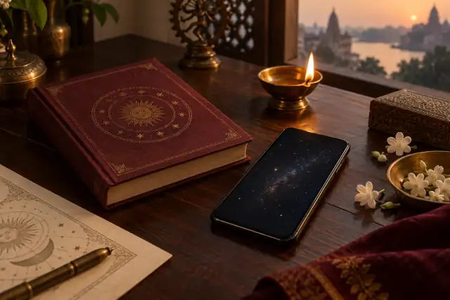 A smartphone, astrology book and brass diya on a study desk