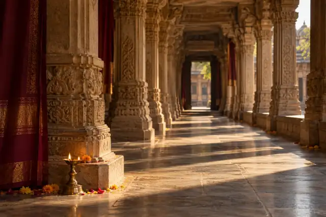 Editorial illustration of carved Indian temple pillars in warm morning light