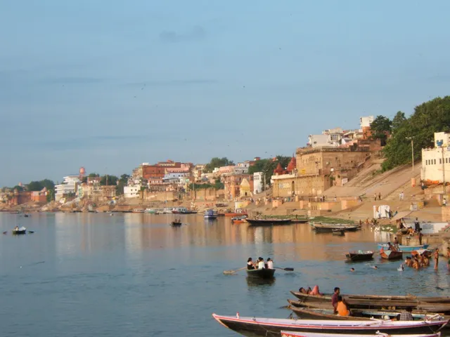 Boats and historic ghats along the Ganga in Banaras